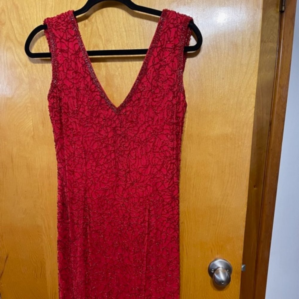 Black Tie Oleg Cassini Red Beaded Evening Dress